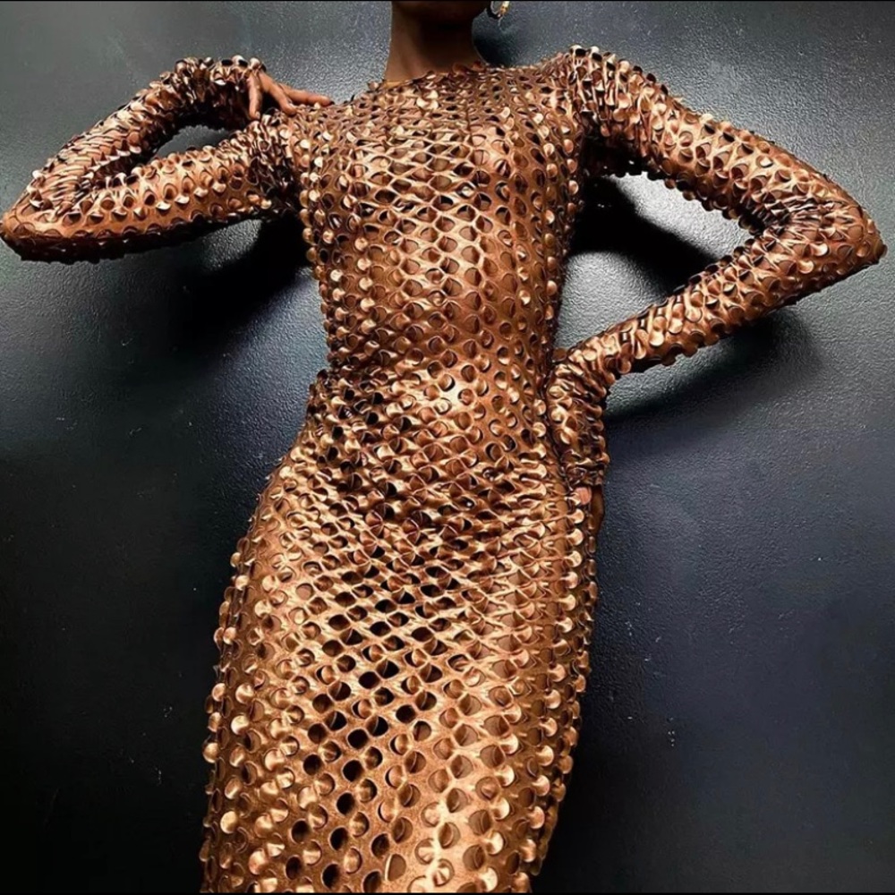 “Chained Up” Ling Sleeve Mini/Maxi Metallic Dress